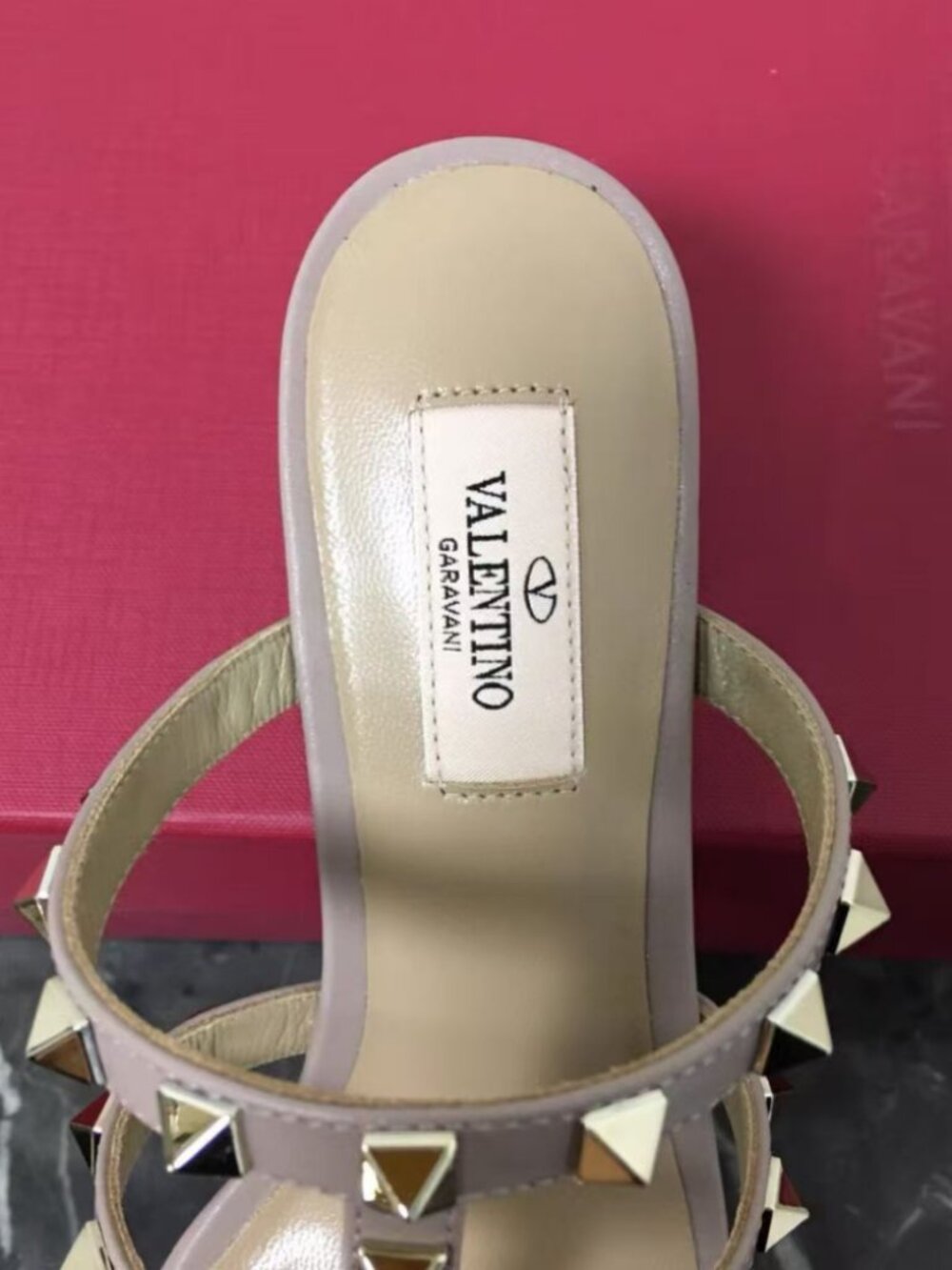 Valentino Pale Pink Lambskin Gold Rockstud Cage Slip-On Low Heel Sandals - Picture 7 of 8